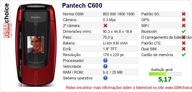 Pantech C600 Especificações técnicas do telemóvel Pantech C600 Especificações técnicas do telemóvel