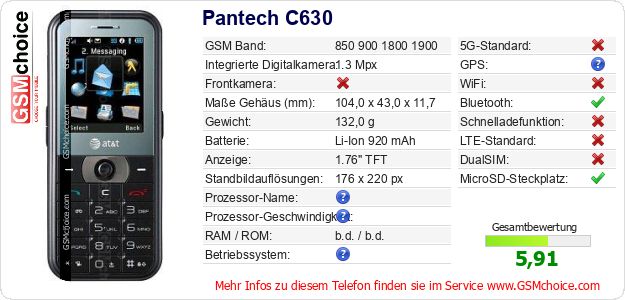 Pantech C630 technische Daten Pantech C630 technische Daten