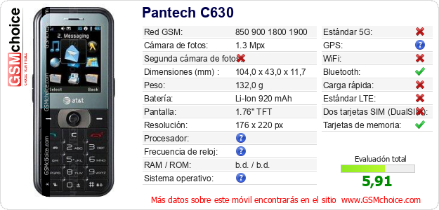 Pantech C630 Datos técnicos del móvil Pantech C630 Datos técnicos del móvil