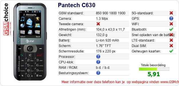 Pantech C630 Technische gegevens Pantech C630 Technische gegevens