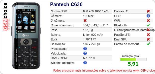 Pantech C630 Especificações técnicas do telemóvel Pantech C630 Especificações técnicas do telemóvel