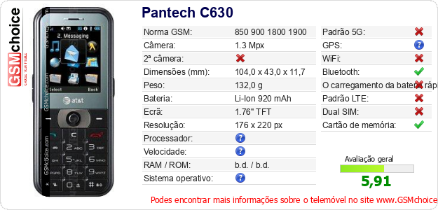 Pantech C630 Especificações técnicas do telemóvel 