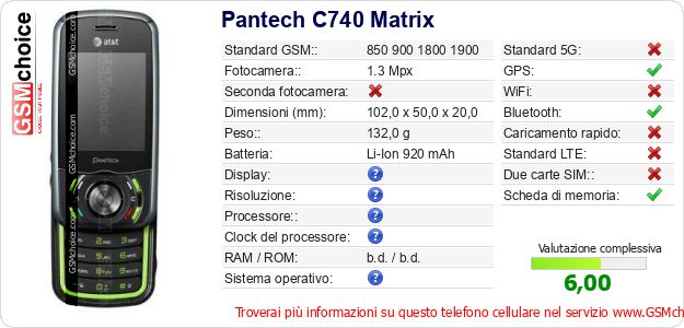 Pantech C740 Matrix Dati tecnici di telefono cellulare 