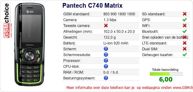 Pantech C740 Matrix Technische gegevens 
