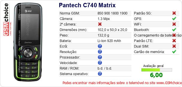 Pantech C740 Matrix Especificações técnicas do telemóvel Pantech C740 Matrix Especificações técnicas do telemóvel