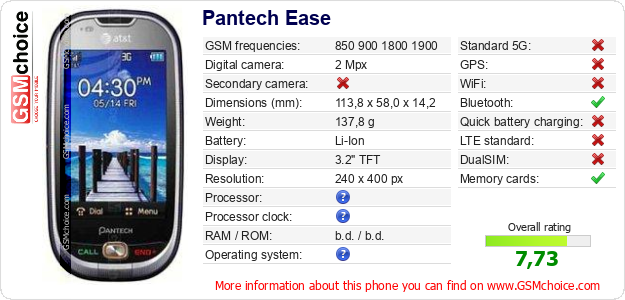Pantech Ease technical specifications Pantech Ease technical specifications