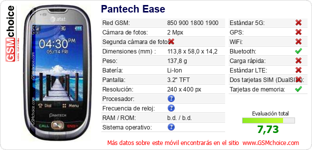 Pantech Ease Datos técnicos del móvil Pantech Ease Datos técnicos del móvil