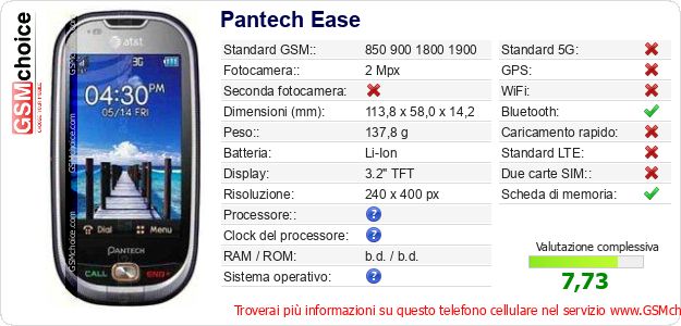Pantech Ease Dati tecnici di telefono cellulare 