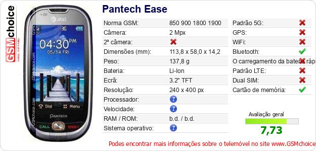Pantech Ease Especificações técnicas do telemóvel Pantech Ease Especificações técnicas do telemóvel