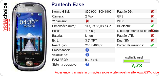 Pantech Ease Especificações técnicas do telemóvel Pantech Ease Especificações técnicas do telemóvel