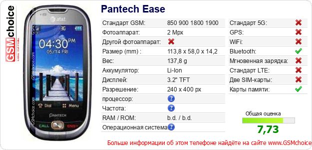Pantech Ease Технические данные телефона Pantech Ease Технические данные телефона