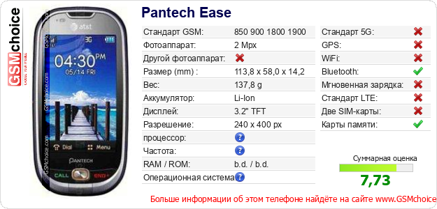 Pantech Ease Технические данные телефона Pantech Ease Технические данные телефона
