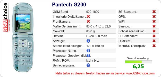 Pantech G200 technische Daten Pantech G200 technische Daten