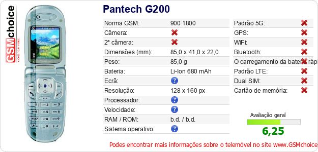 Pantech G200 Especificações técnicas do telemóvel Pantech G200 Especificações técnicas do telemóvel