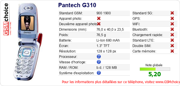 Pantech G310 Fiche technique