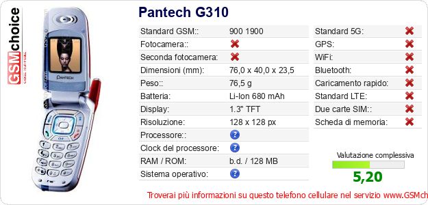 Pantech G310 Dati tecnici di telefono cellulare 