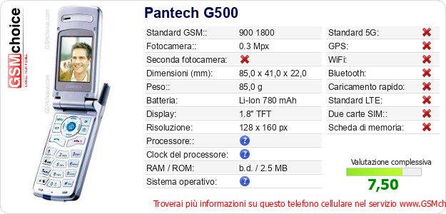 Pantech G500 Dati tecnici di telefono cellulare Pantech G500 Dati tecnici di telefono cellulare