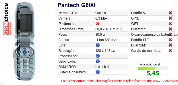 Pantech G600 Especificações técnicas do telemóvel 