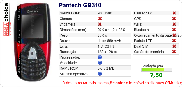 Pantech GB310 Especificações técnicas do telemóvel 