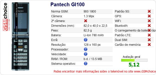 Pantech GI100 Especificações técnicas do telemóvel Pantech GI100 Especificações técnicas do telemóvel