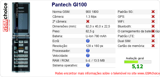 Pantech GI100 Especificações técnicas do telemóvel Pantech GI100 Especificações técnicas do telemóvel