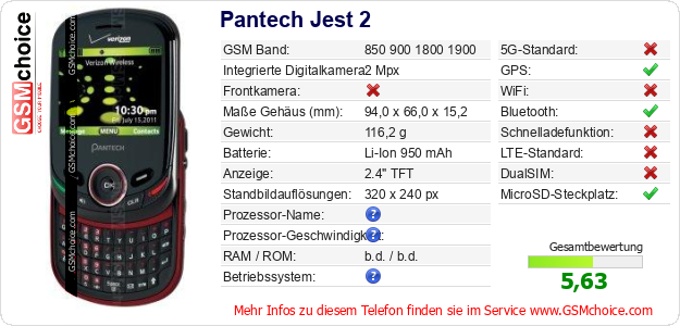Pantech Jest 2 technische Daten Pantech Jest 2 technische Daten