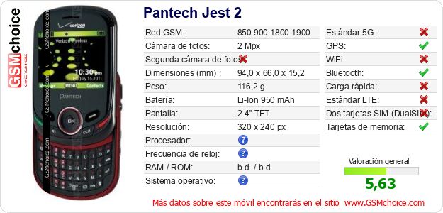 Pantech Jest 2 Datos técnicos del móvil Pantech Jest 2 Datos técnicos del móvil