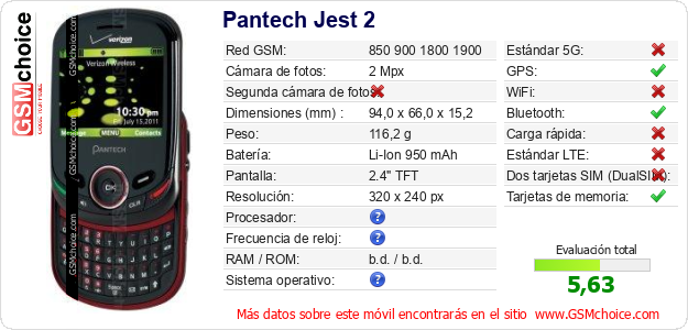 Pantech Jest 2 Datos técnicos del móvil 