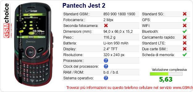 Pantech Jest 2 Dati tecnici di telefono cellulare Pantech Jest 2 Dati tecnici di telefono cellulare