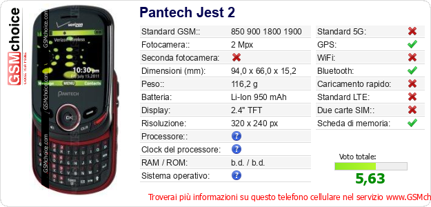 Pantech Jest 2 Dati tecnici di telefono cellulare 