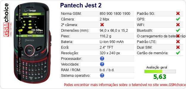 Pantech Jest 2 Especificações técnicas do telemóvel Pantech Jest 2 Especificações técnicas do telemóvel
