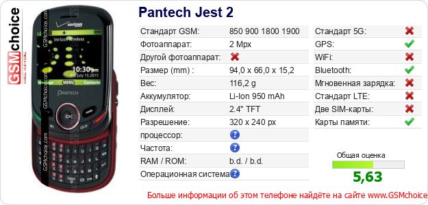 Pantech Jest 2 Технические данные телефона Pantech Jest 2 Технические данные телефона