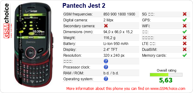 Pantech Jest 2 手机技术数据