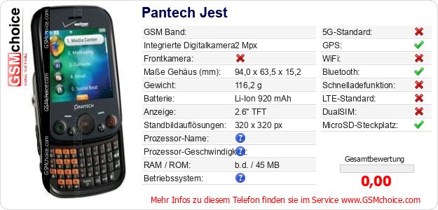 Pantech Jest technische Daten Pantech Jest technische Daten