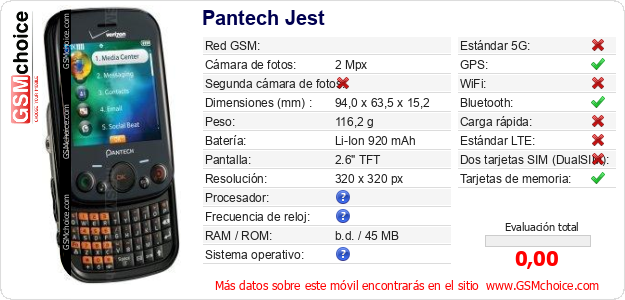 Pantech Jest Datos técnicos del móvil Pantech Jest Datos técnicos del móvil