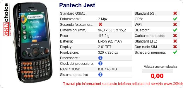 Pantech Jest Dati tecnici di telefono cellulare 