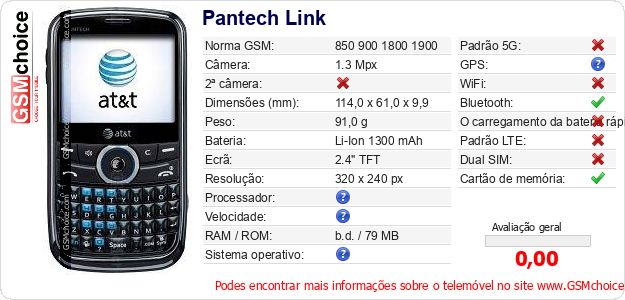 Pantech Link Especificações técnicas do telemóvel Pantech Link Especificações técnicas do telemóvel