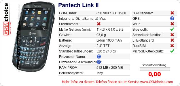 Pantech Link II technische Daten Pantech Link II technische Daten