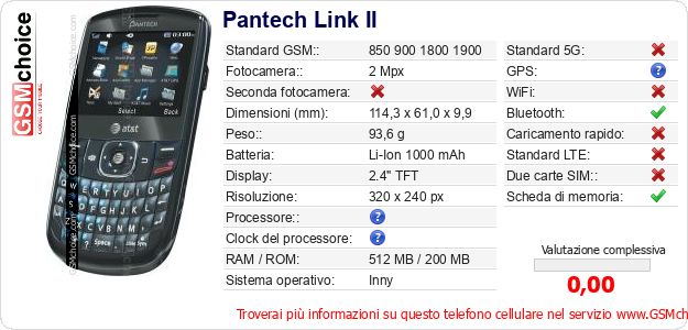 Pantech Link II Dati tecnici di telefono cellulare 