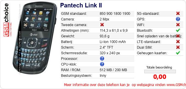 Pantech Link II Technische gegevens Pantech Link II Technische gegevens