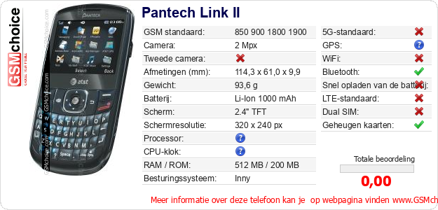 Pantech Link II Technische gegevens 