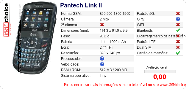 Pantech Link II Especificações técnicas do telemóvel 