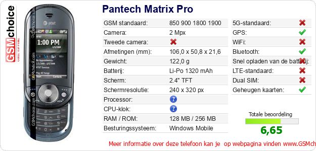 Pantech Matrix Pro Technische gegevens Pantech Matrix Pro Technische gegevens