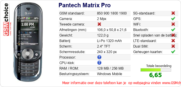 Pantech Matrix Pro Technische gegevens 