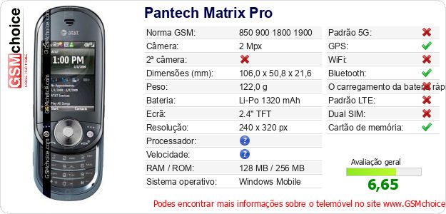 Pantech Matrix Pro Especificações técnicas do telemóvel Pantech Matrix Pro Especificações técnicas do telemóvel