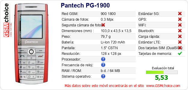 Pantech PG-1900 Datos técnicos del móvil Pantech PG-1900 Datos técnicos del móvil