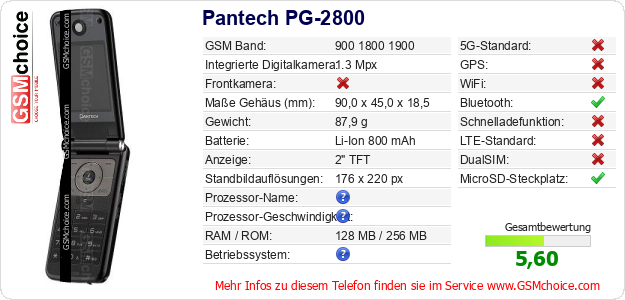 Pantech PG-2800 technische Daten Pantech PG-2800 technische Daten