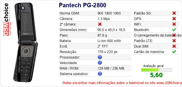 Pantech PG-2800 Especificações técnicas do telemóvel 