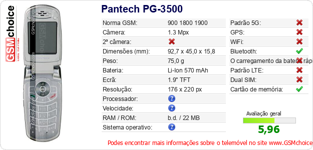 Pantech PG-3500 Especificações técnicas do telemóvel 