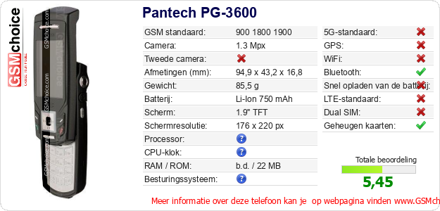 Pantech PG-3600 Technische gegevens Pantech PG-3600 Technische gegevens